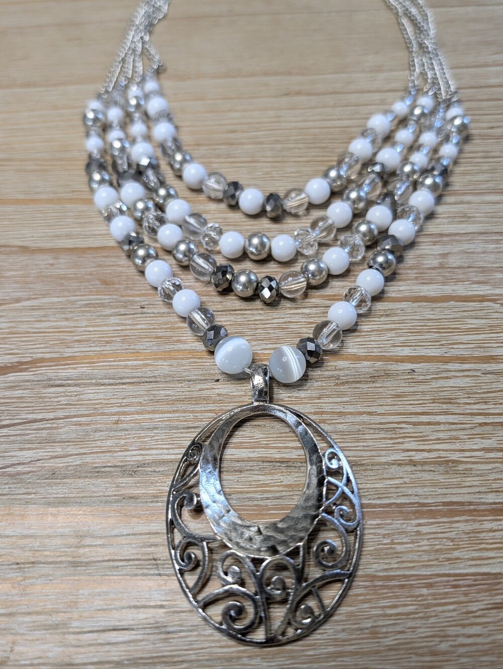 Estate Sale Vintage Silver And White Bead Large Pendant . Multiple Layered Chain